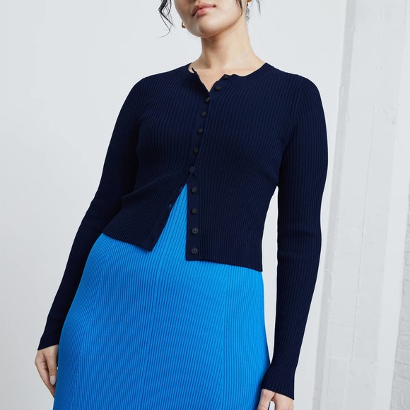 NWOT Everlane Ribbed Cropped Cardigan Navy Blue Medium - Picture 3 of 11